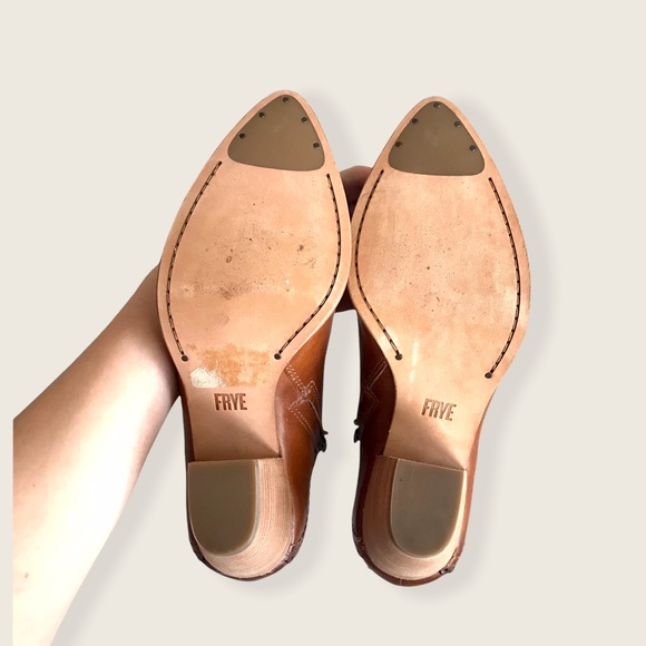 Frye Reed Scallop Cognac Leather Heeled Ankle Boot - Picture 13 of 16